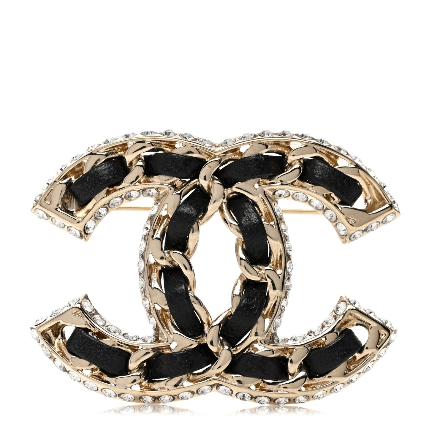 Lambskin Crystal CC Chain Brooch Black Gold