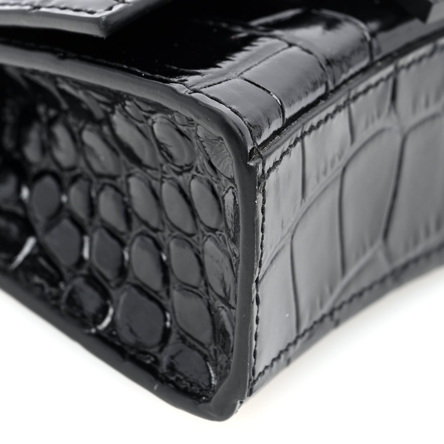 Shiny Calfskin Monochrome Crocodile Embossed Hourglass Top Handle Bag Mini Black