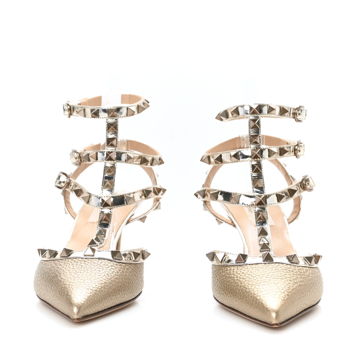 Metallic Pebbled Calfskin Patent Rockstud Ankle Strap 65mm Pumps 37.5 Sasso