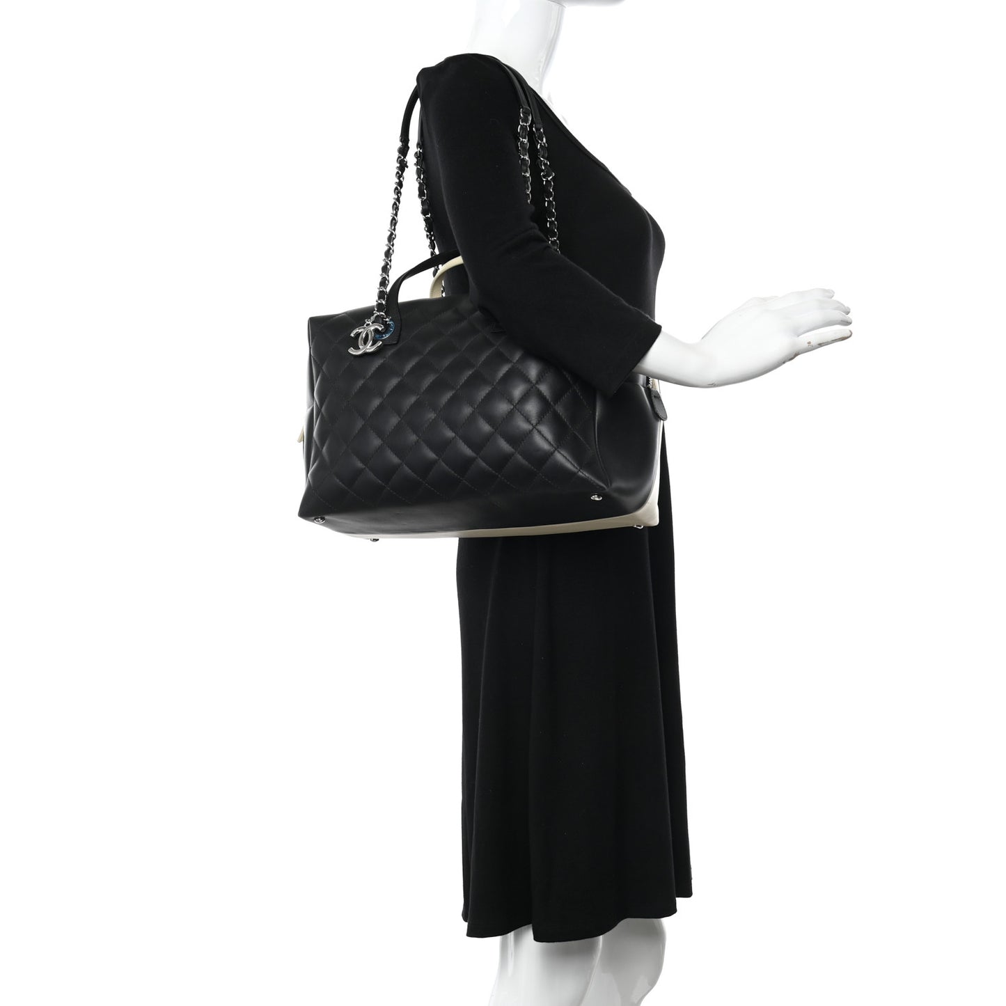 Calfskin Quilted Large Feather Weight Bowling Bag Black Ivory