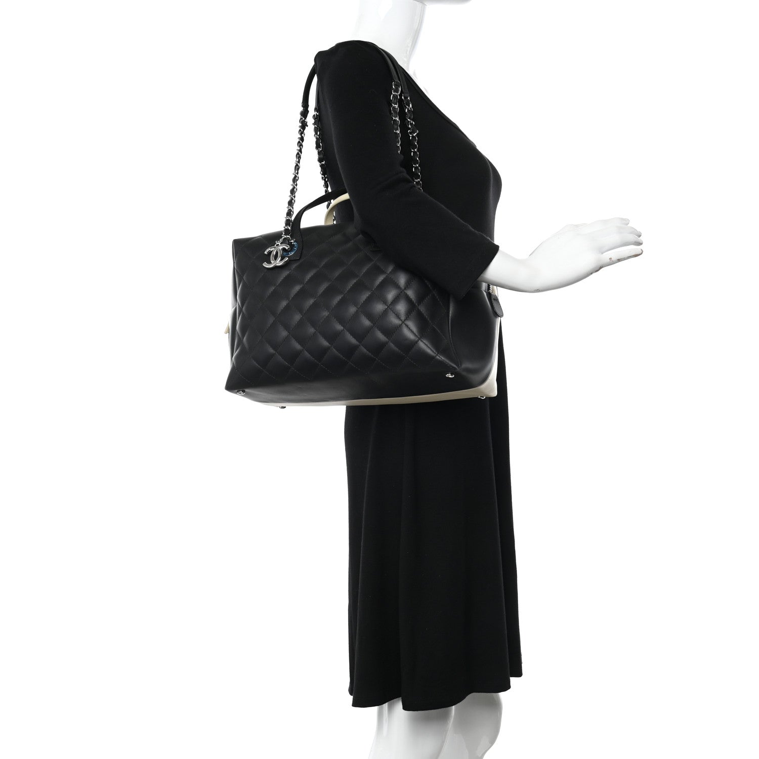 Chanel Calfskin Quilted Large Feather Weight Bowling Bag Black Ivory 3 of 10