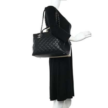 Chanel Calfskin Quilted Large Feather Weight Bowling Bag Black Ivory 3 of 10