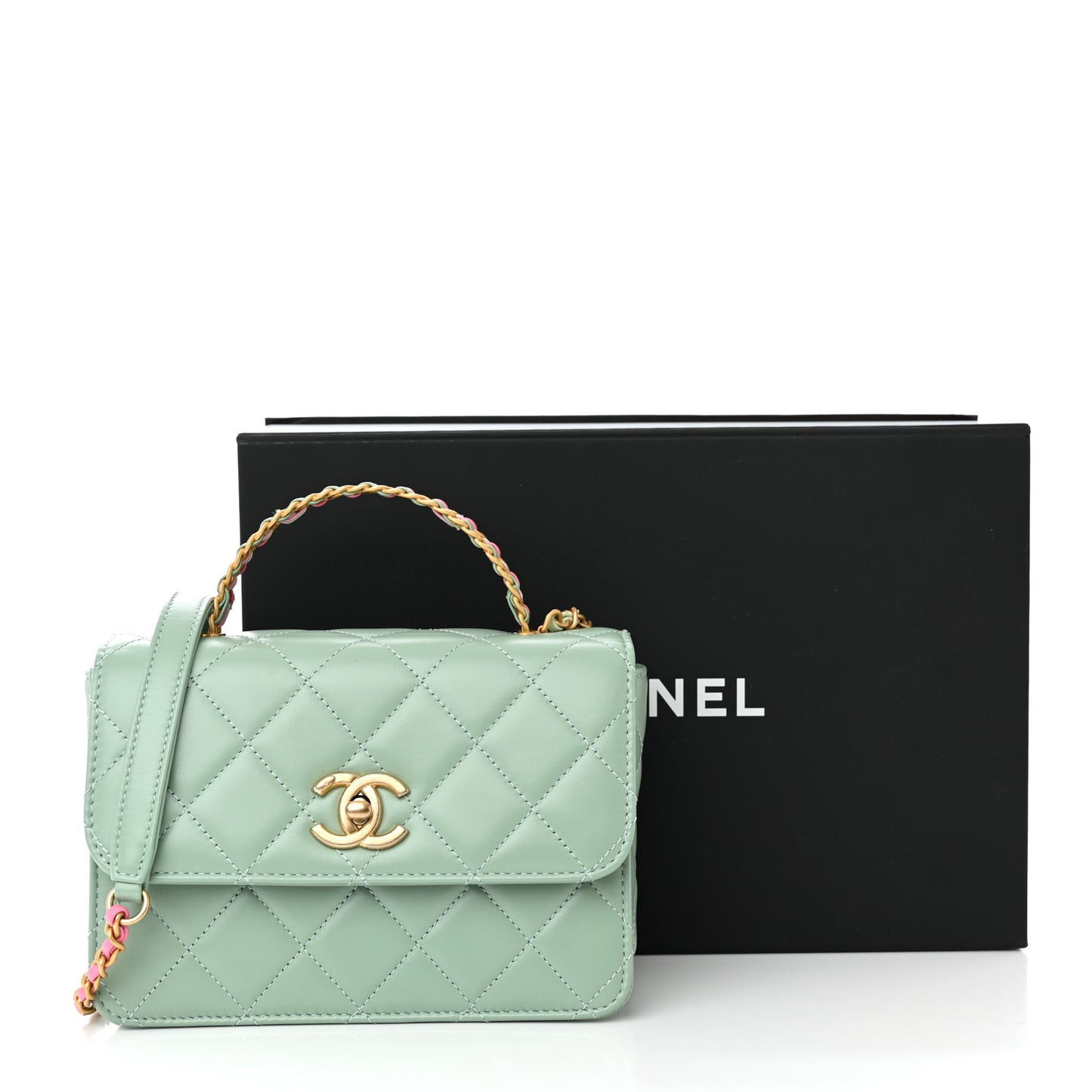 Shiny Calfskin Quilted Mini Metal Top Handle Flap Light Green