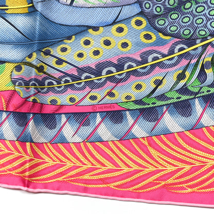 Hermes Silk Plumes En Fete Scarf 90 Rose Vif Bleu Vert 3 of 3