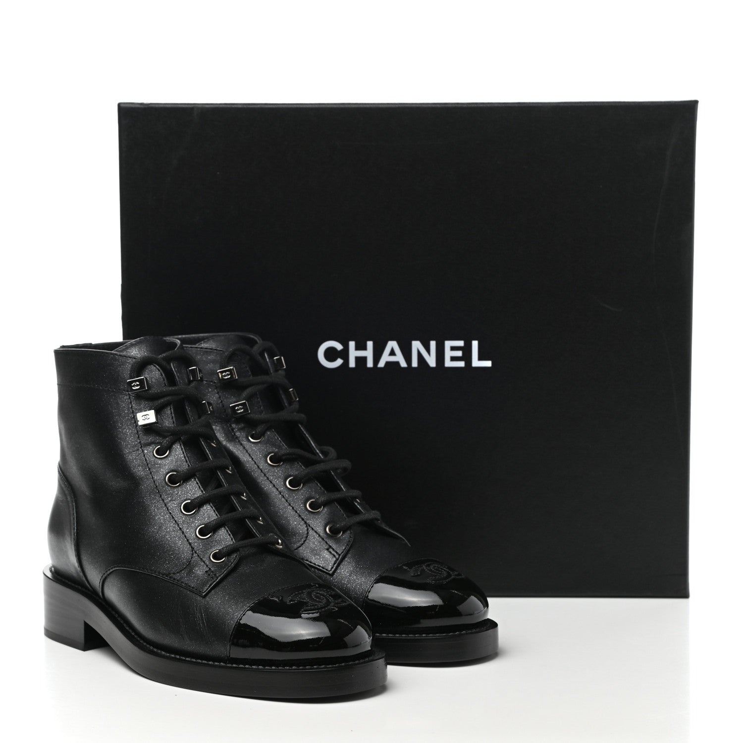 Chanel Glitter Calfskin Lace Up Combat Boots 36 Black 9 of 9