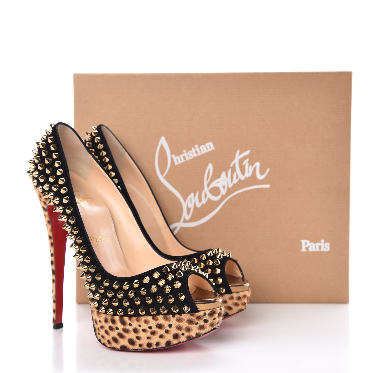 Christian Louboutin Veau Velours Calf Hair Leopard Lady Peep Spikes 150 Pumps 38 Black Bronze 8 of 8