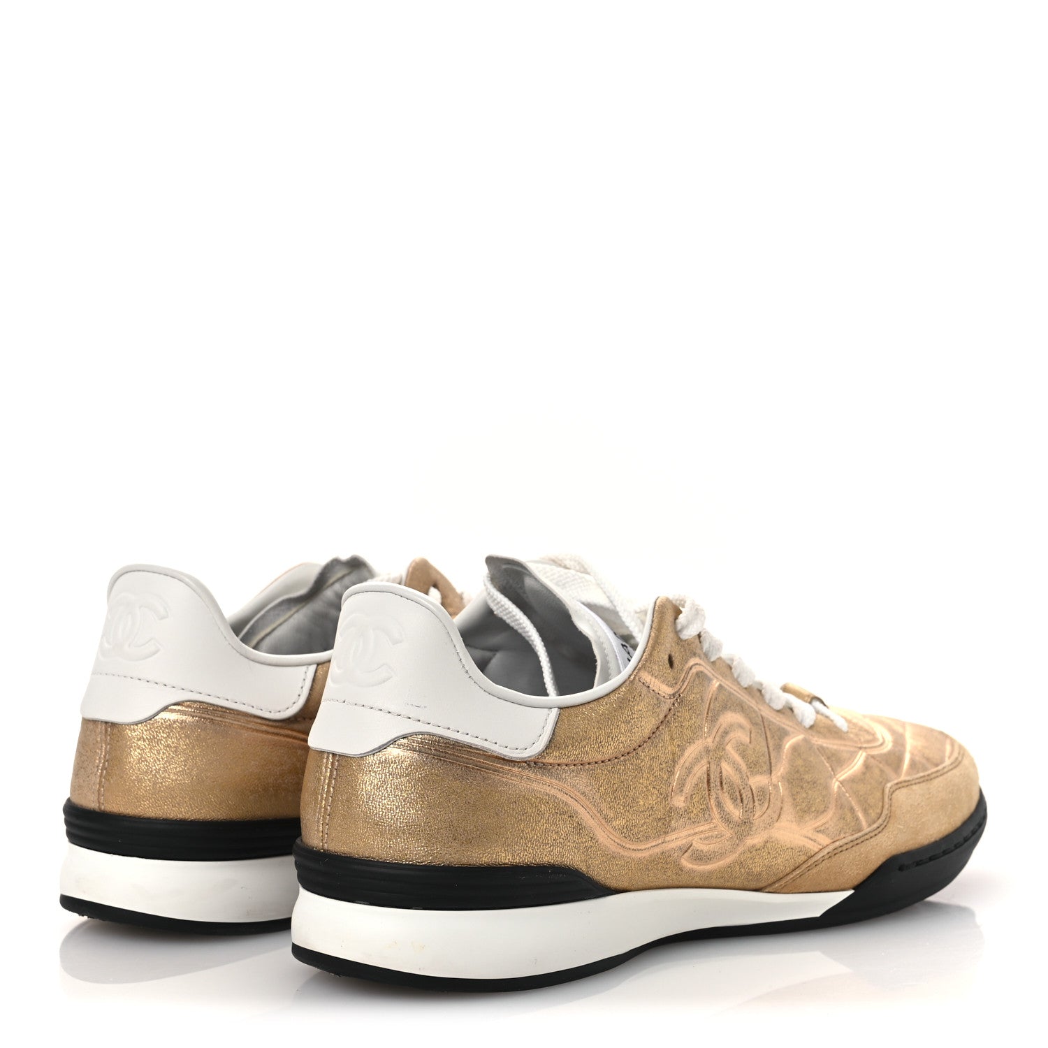 Chanel Laminated Calfskin Suede Quilted Womens CC Sneakers 39 Gold 5 of 11