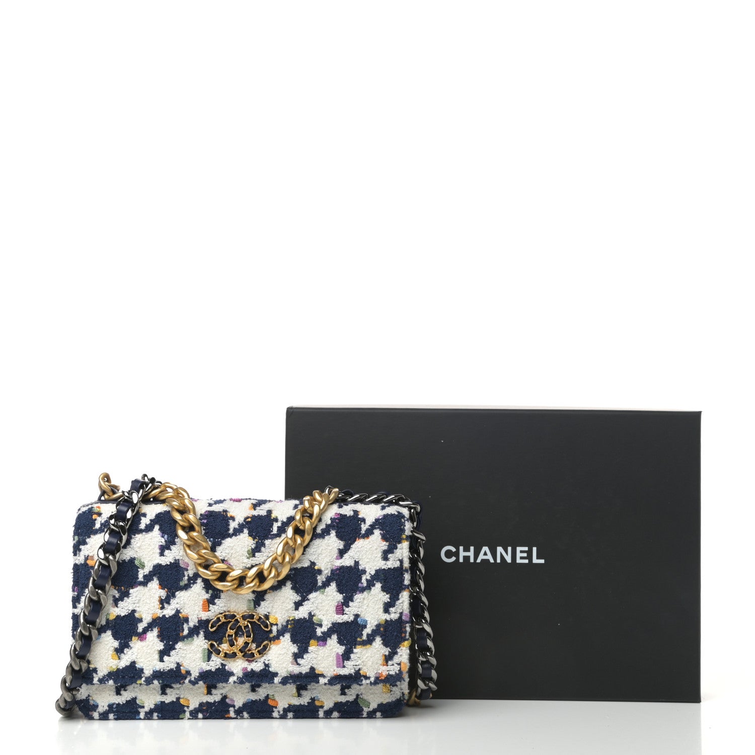 Chanel Tweed Quilted Chanel 19 Wallet On Chain WOC Ecru Navy Blue Multicolor 10 of 10