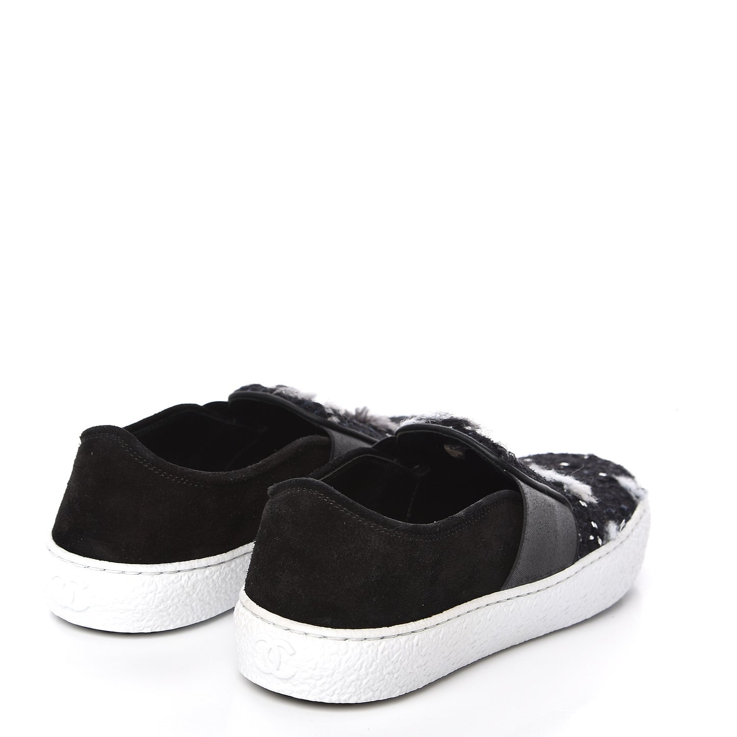 Suede Calfskin Tweed Womens Slip On Sneakers 35 Black Navy Silver