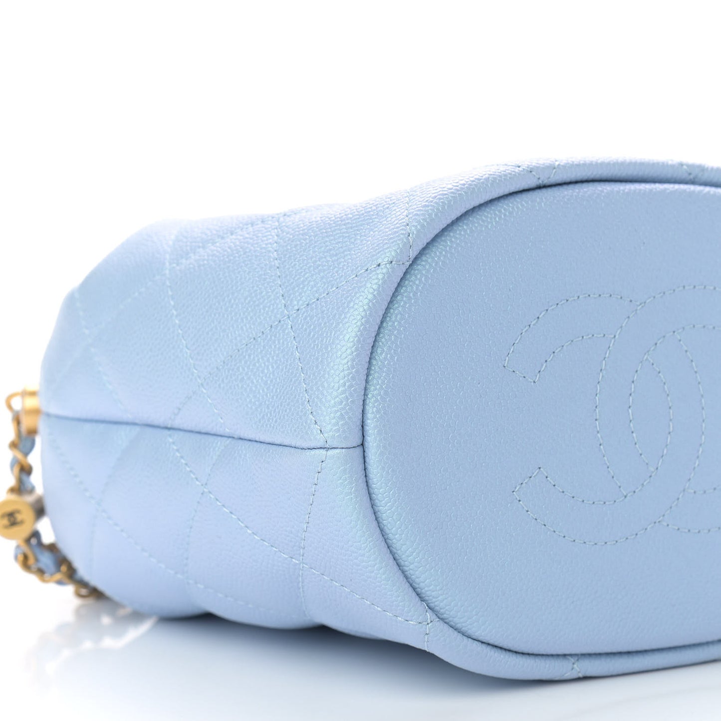 Iridescent Caviar Quilted My Perfect CC Bucket Drawstring Bag Light Blue
