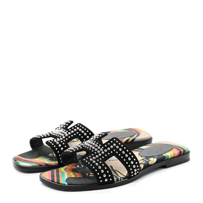 Hermes Suede Goatskin Studded Oran Sandals 35.5 Black 3 of 11