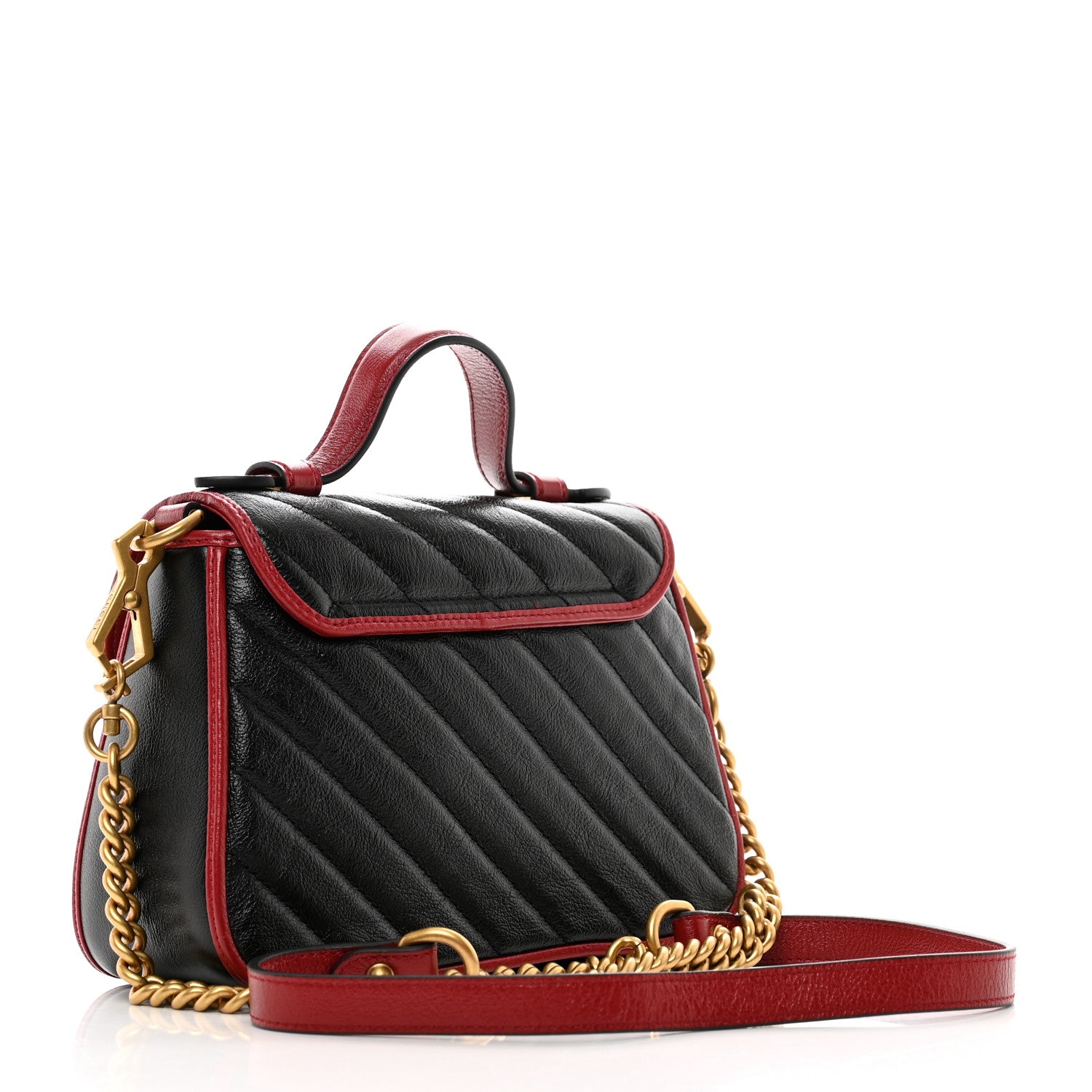 Gucci Vintage Effect Calfskin Matelasse Diagonal Mini Torchon GG Marmont Top Handle Shoulder Bag Black Romantic Cherry 3 of 10