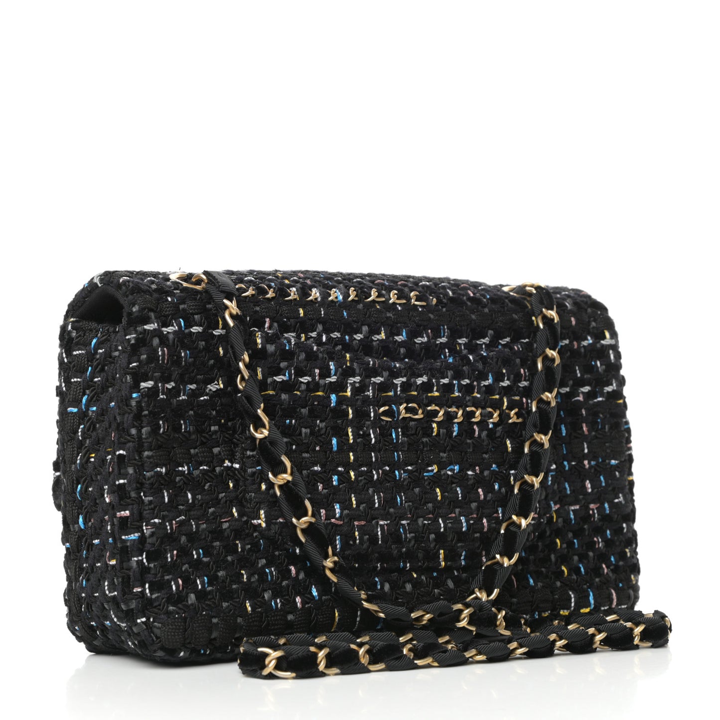 Tweed Chain Braid Medium Single Flap Black