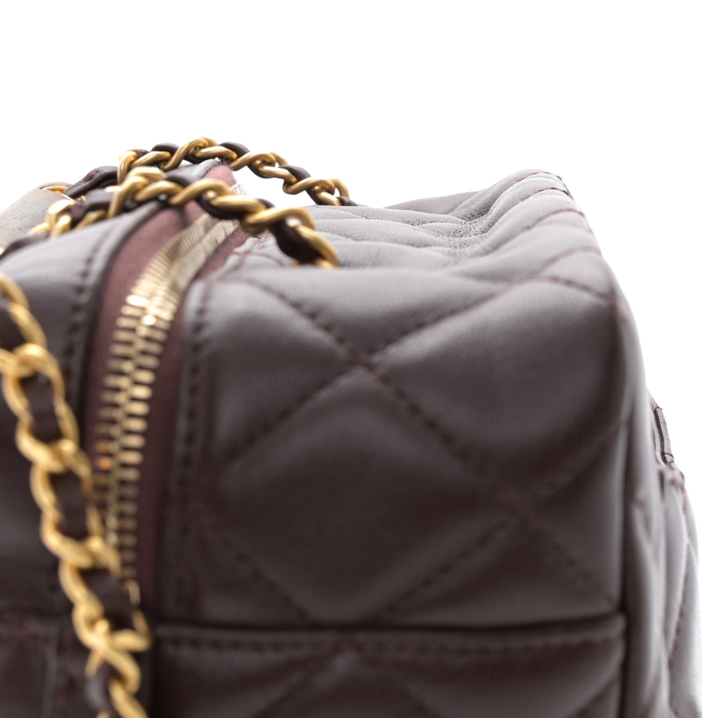 Lambskin Quilted Mini Wenge Wood Bowling Bag Burgundy