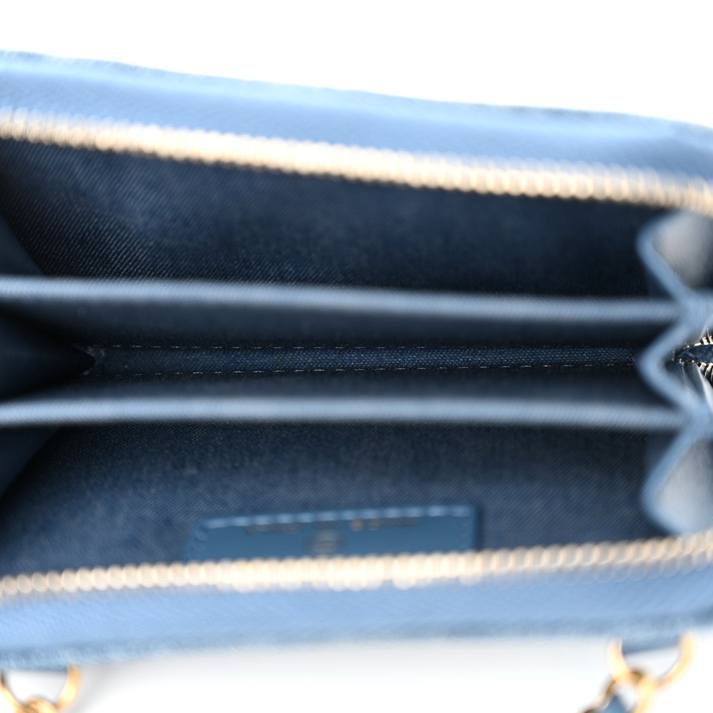 Denim Quilted CC Pearl Crush Zip Card Holder On Chain Blue