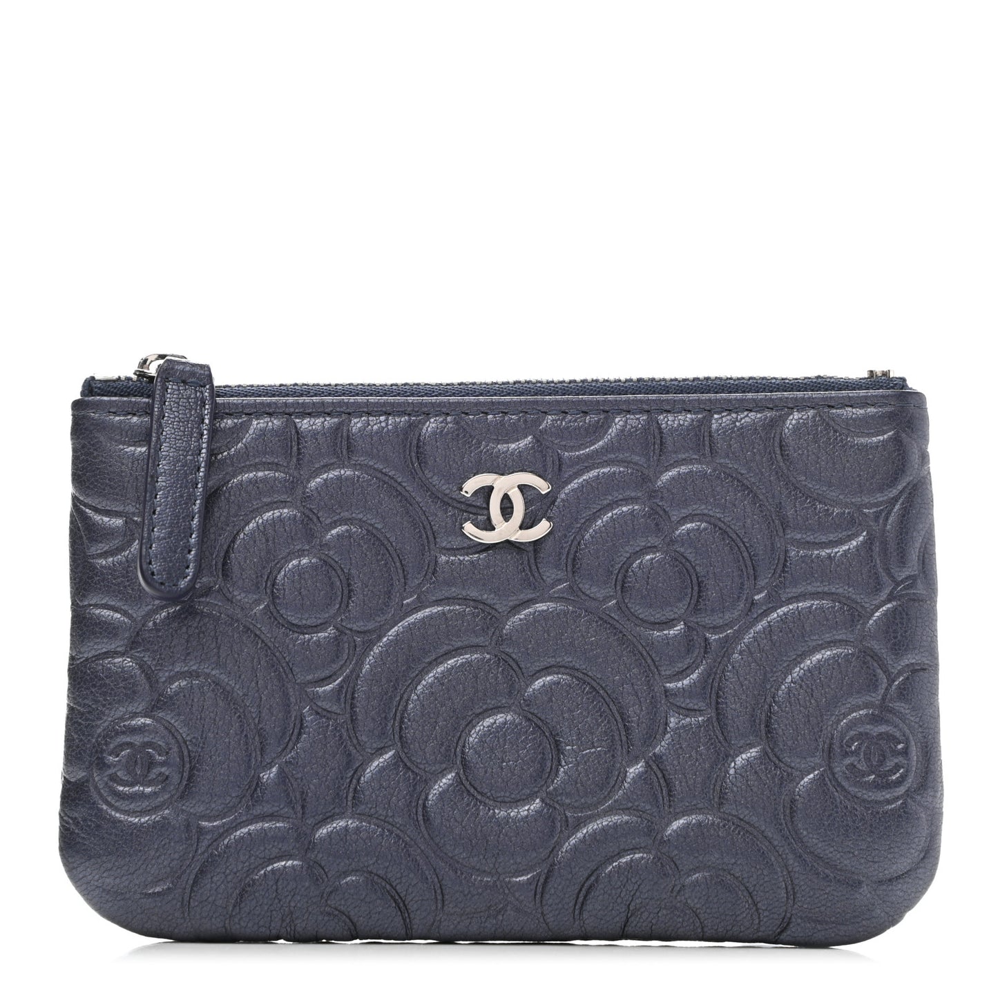 Goatskin Camellia Embossed Cosmetic Pouch Navy