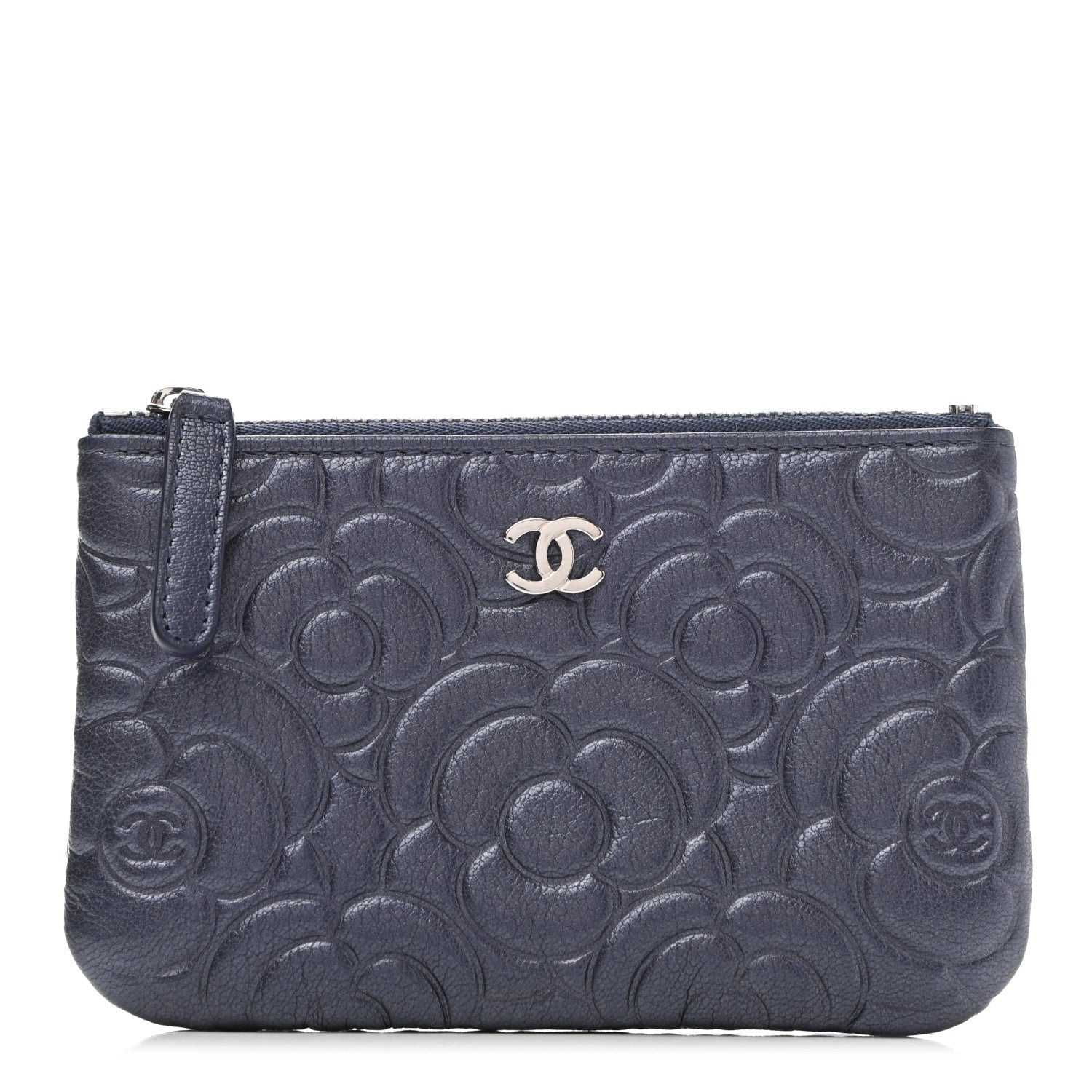 Chanel Goatskin Camellia Embossed Cosmetic Pouch Navy 1 of 7
