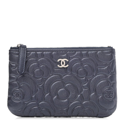 Chanel Goatskin Camellia Embossed Cosmetic Pouch Navy 1 of 7