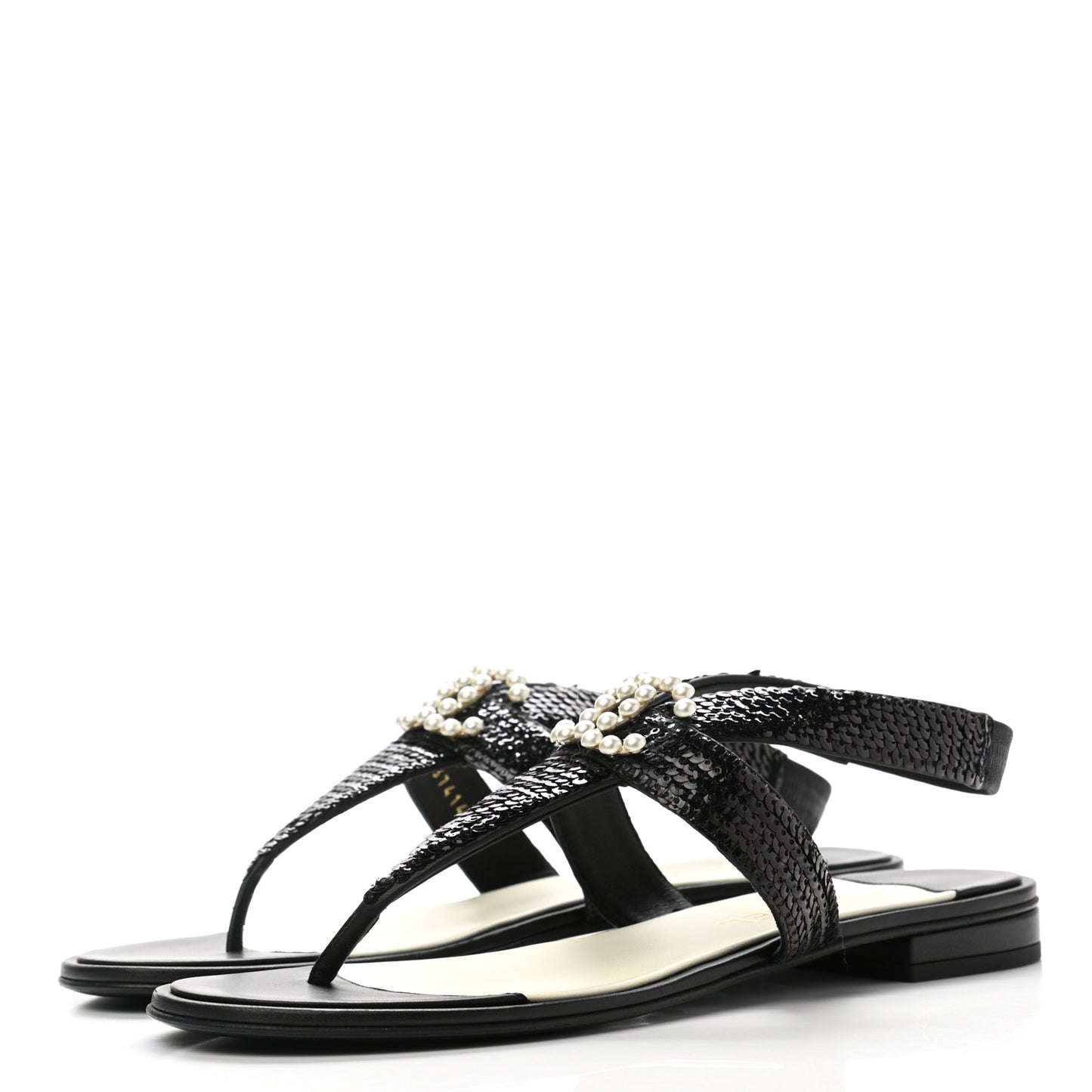 Lambskin Sequin Pearl CC Thong Sandals 41 Black