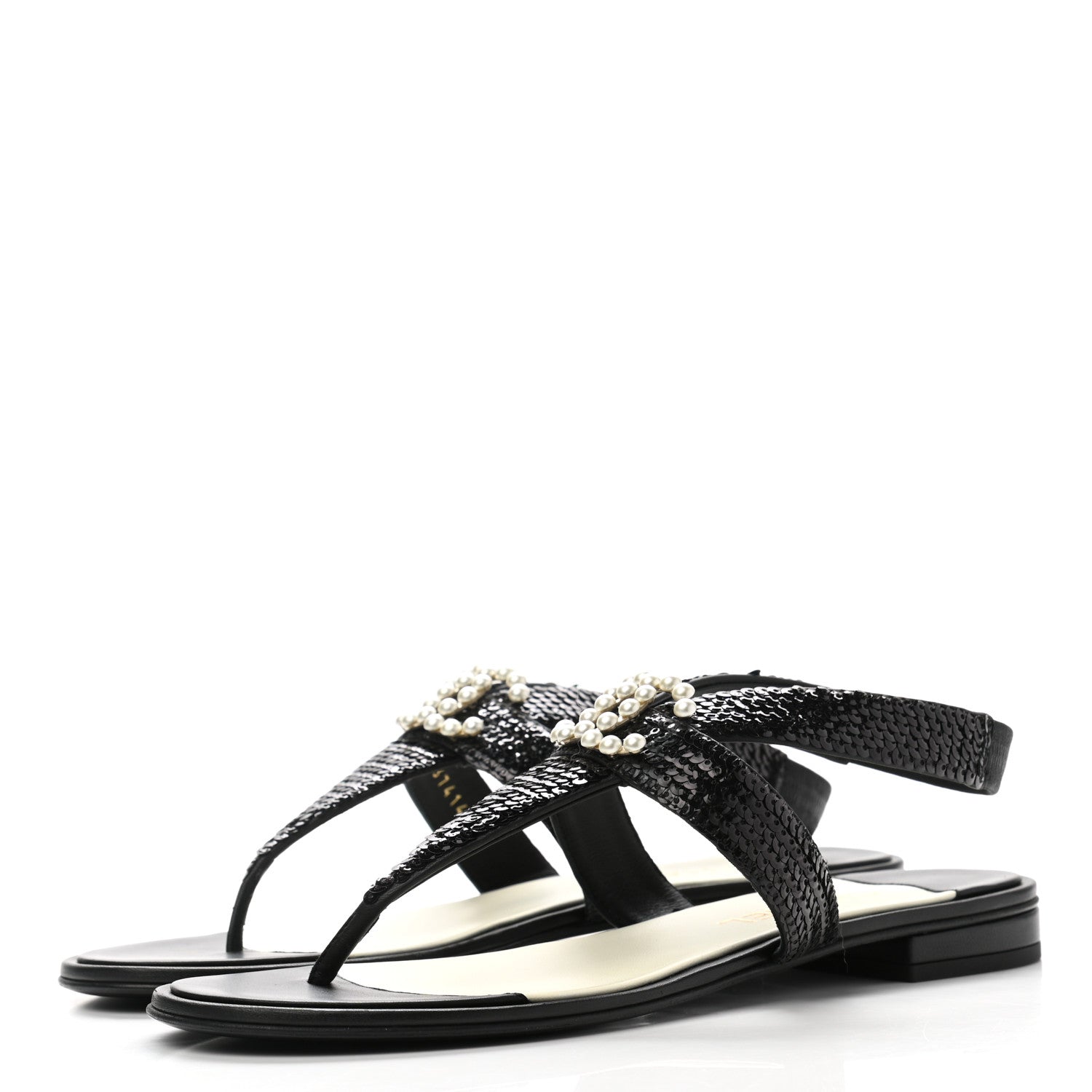 Chanel Lambskin Sequin Pearl CC Thong Sandals 41 Black 3 of 8