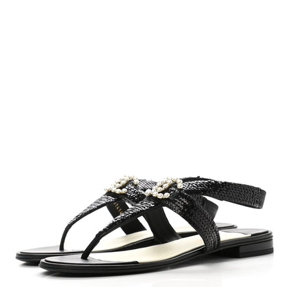 Chanel Lambskin Sequin Pearl CC Thong Sandals 41 Black 3 of 8