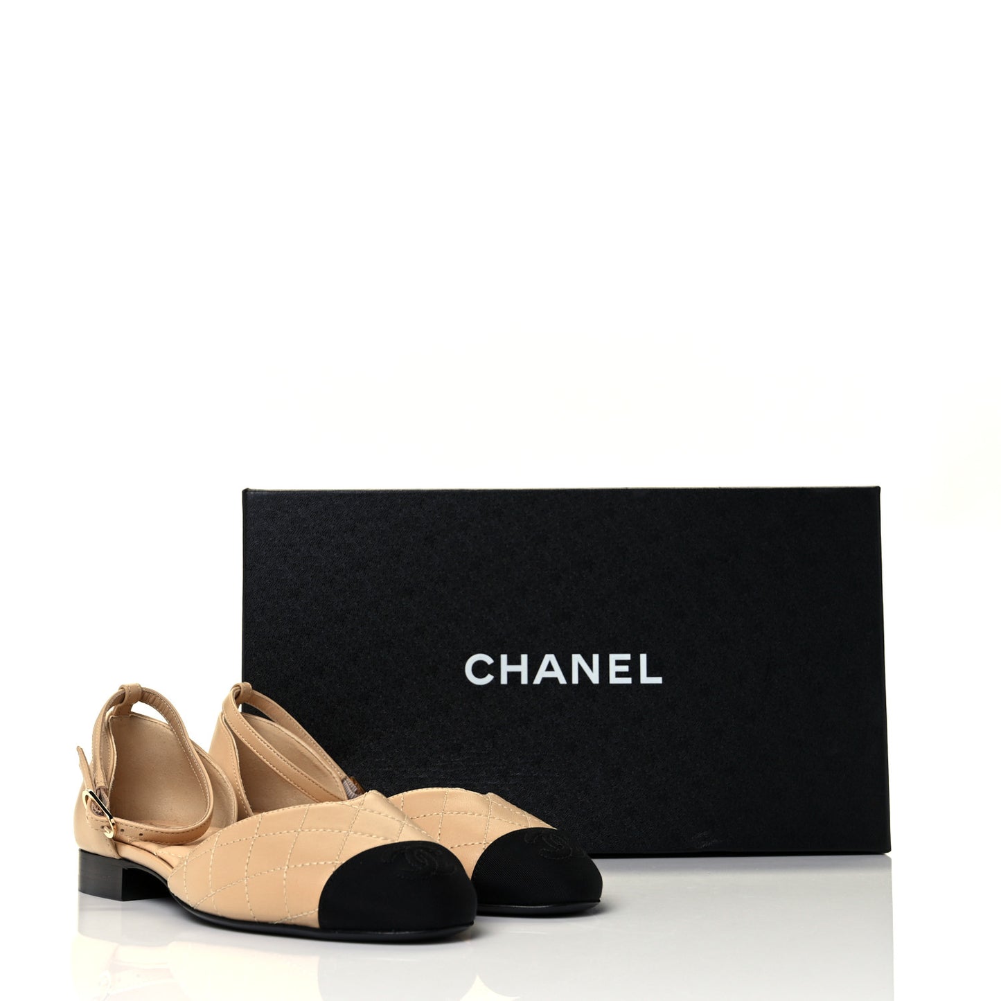 Lambskin Grosgrain Cap Toe CC Ankle Strap Sandals 36 Beige Black