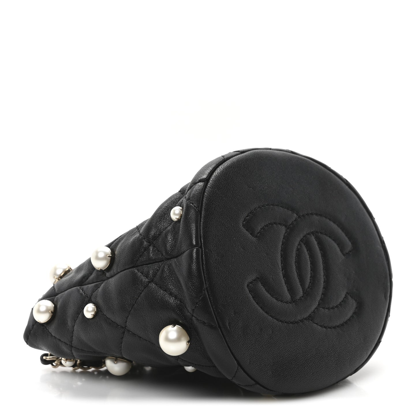 Lambskin Quilted Pearl Mini About Pearls Drawstring Bag Black