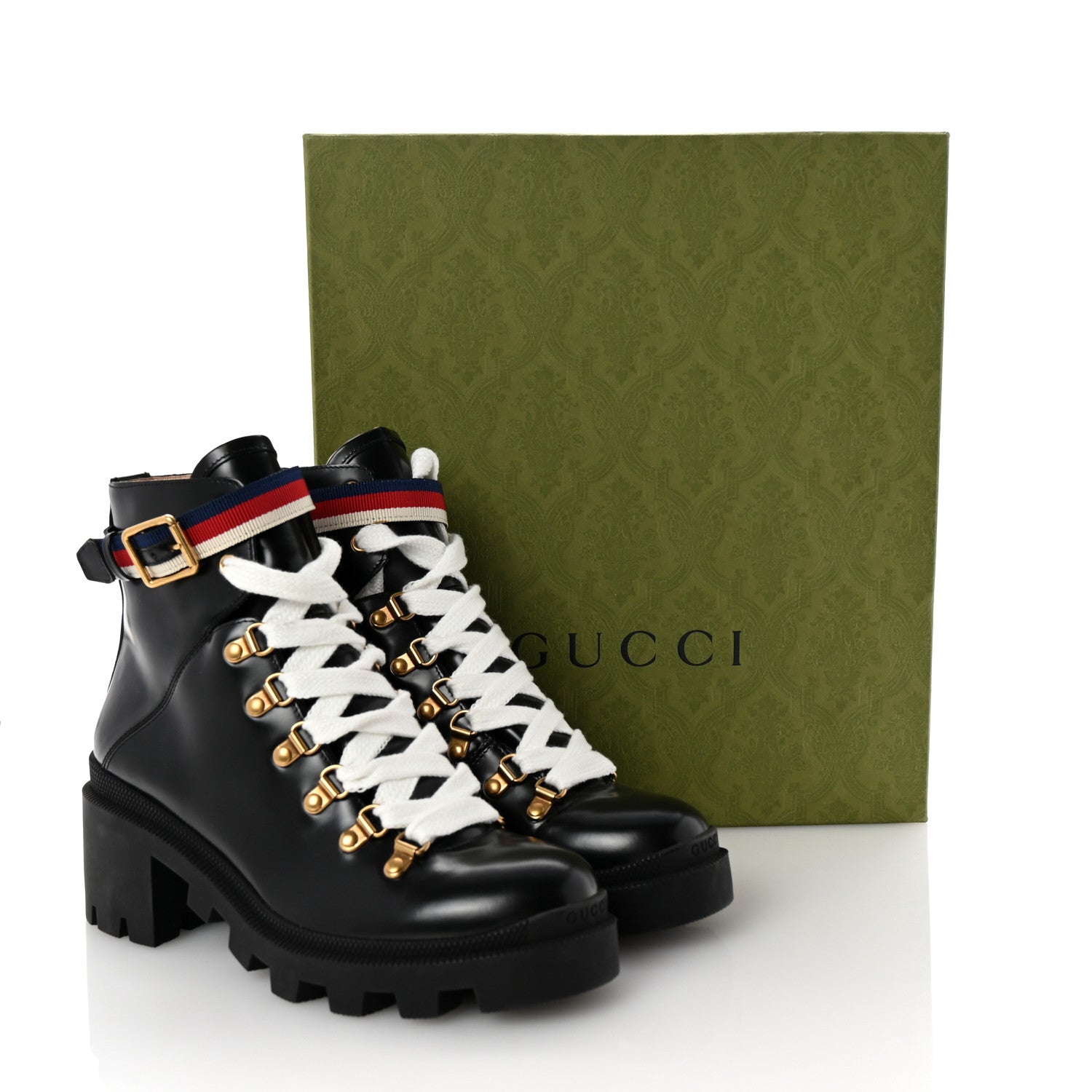 Gucci Calfskin Sylvie Web Womens Lace Up Combat Boots 38 Black 10 of 10