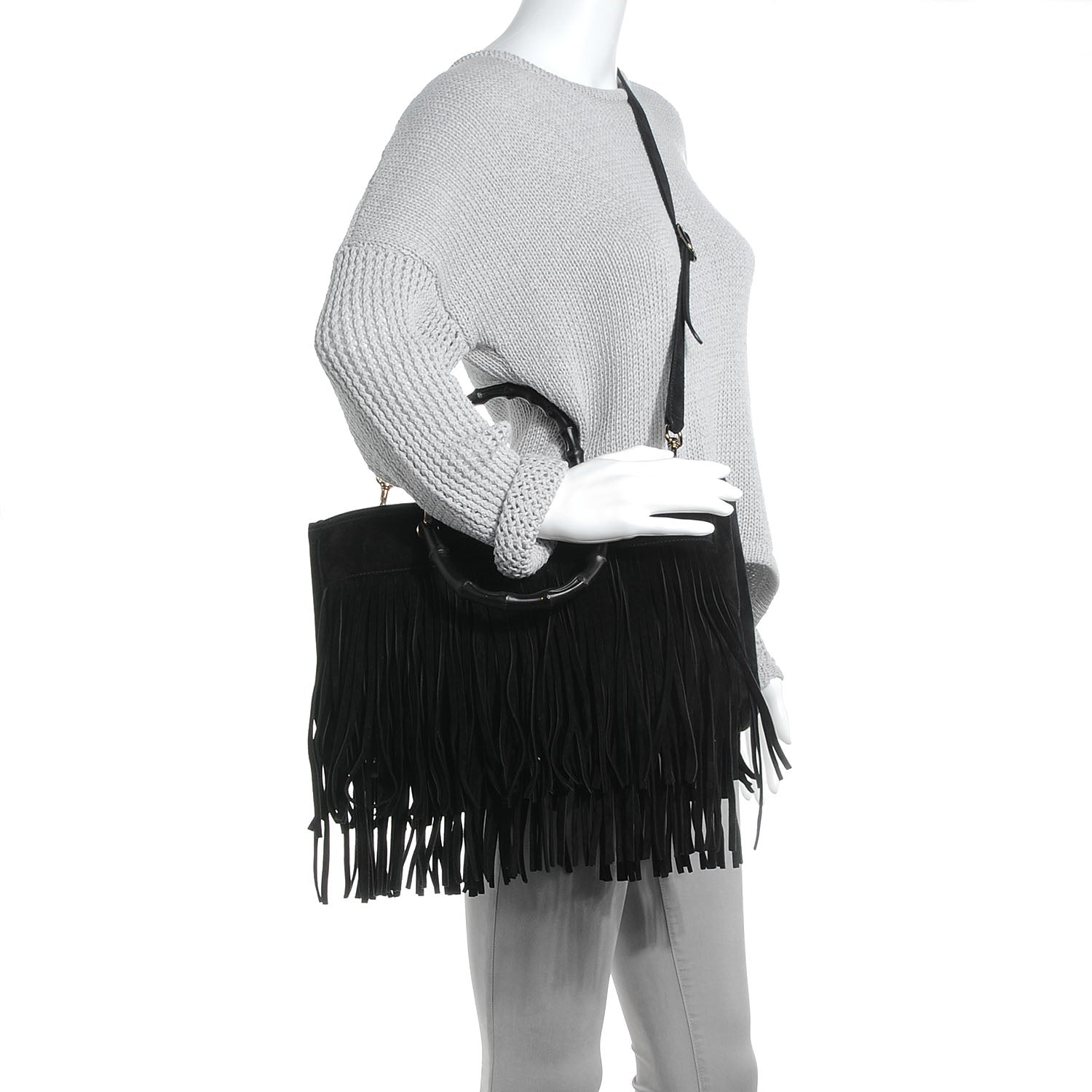 Gucci Suede Bamboo Fringe Medium Shopper Tote Black 2 of 7