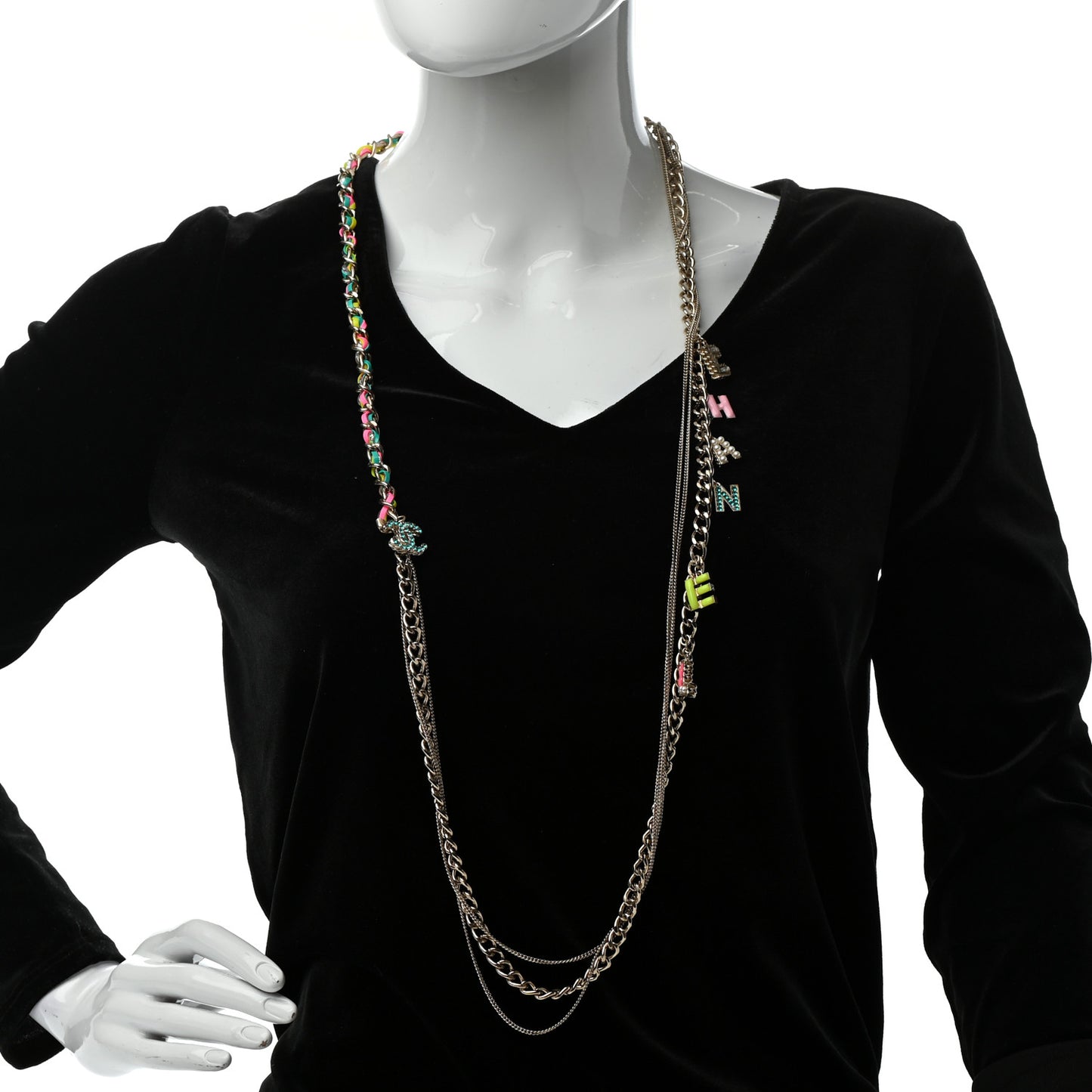 Crystal Enamel Pearl CC Logo Chain Long Necklace Gold Multicolor