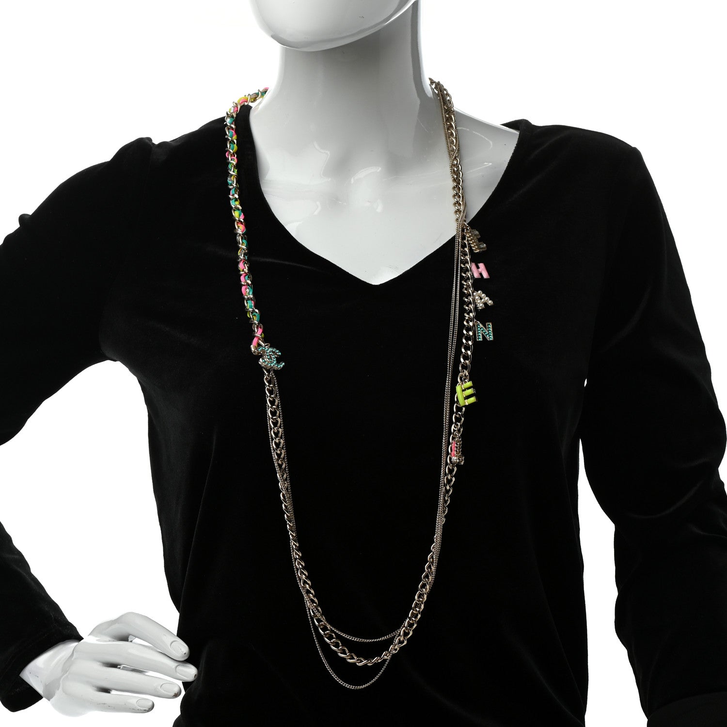 Chanel Crystal Enamel Pearl CC Logo Chain Long Necklace Gold Multicolor 2 of 6