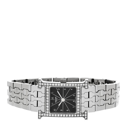 Hermes Stainless Steel Diamond Bezel 21mm Heure H Hour Quartz Watch Noir 2 of 5