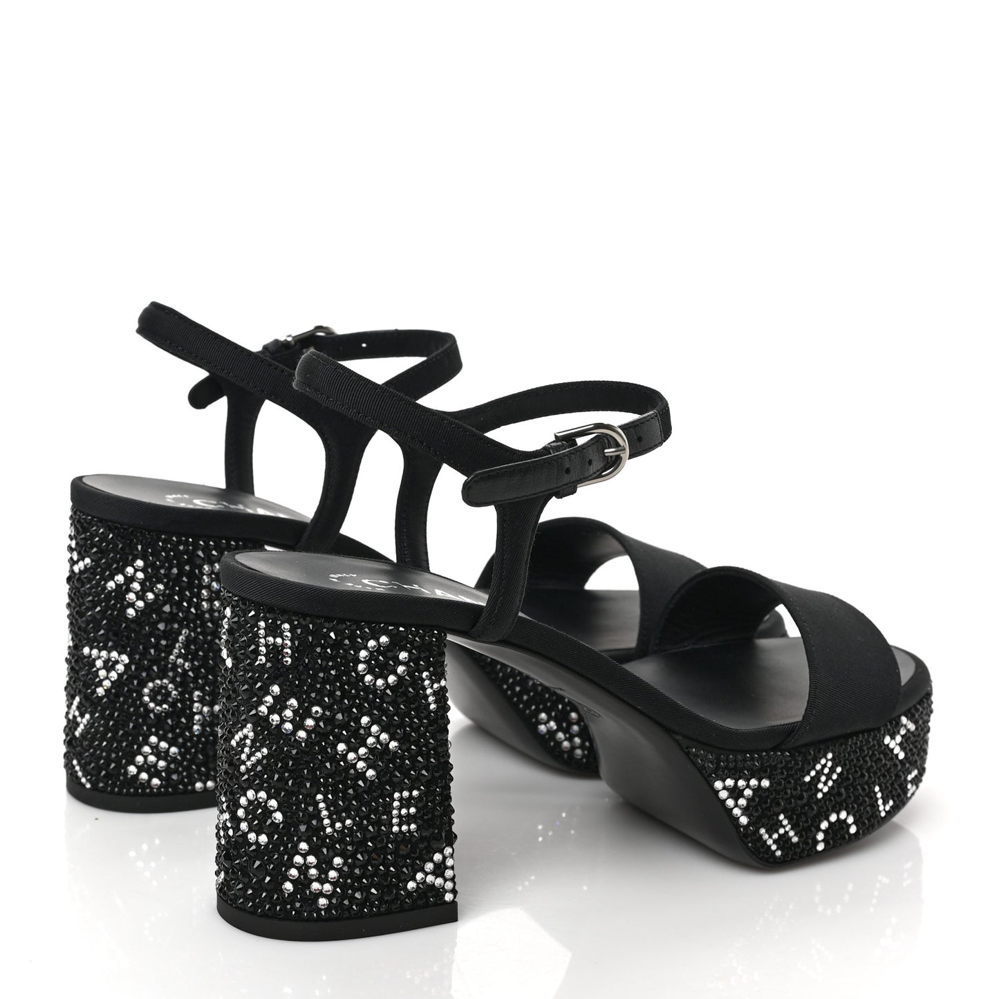 Grosgrain Strass Logo Platform Sandals 37.5 Black Silver