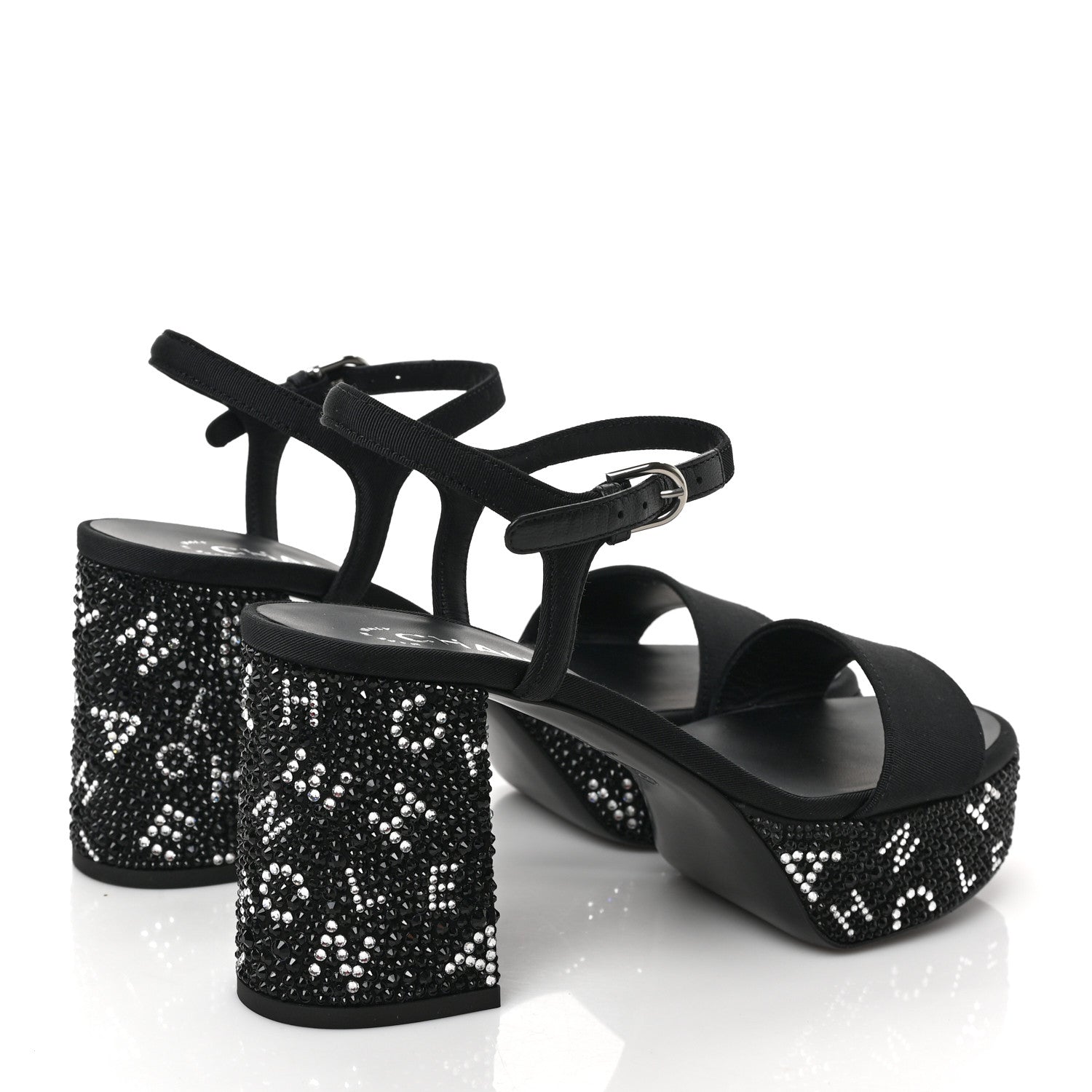 Chanel Grosgrain Strass Logo Platform Sandals 37.5 Black Silver 4 of 9