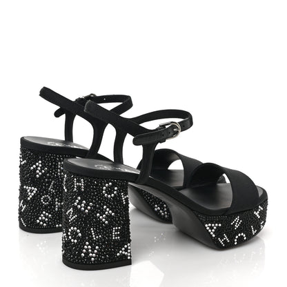 Chanel Grosgrain Strass Logo Platform Sandals 37.5 Black Silver 4 of 9
