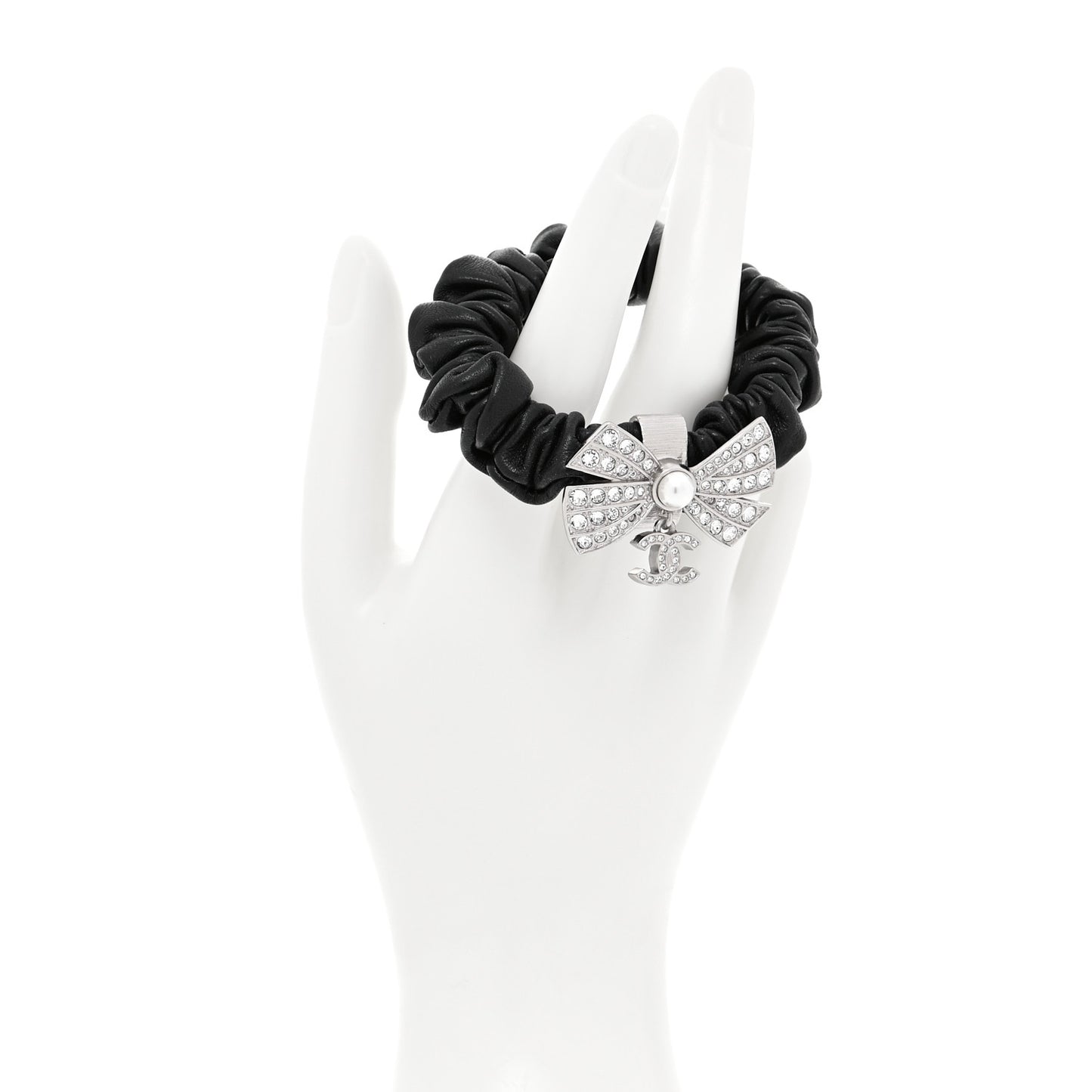 Lambskin Crystal Pearl CC Hair Scrunchie Black SIlver