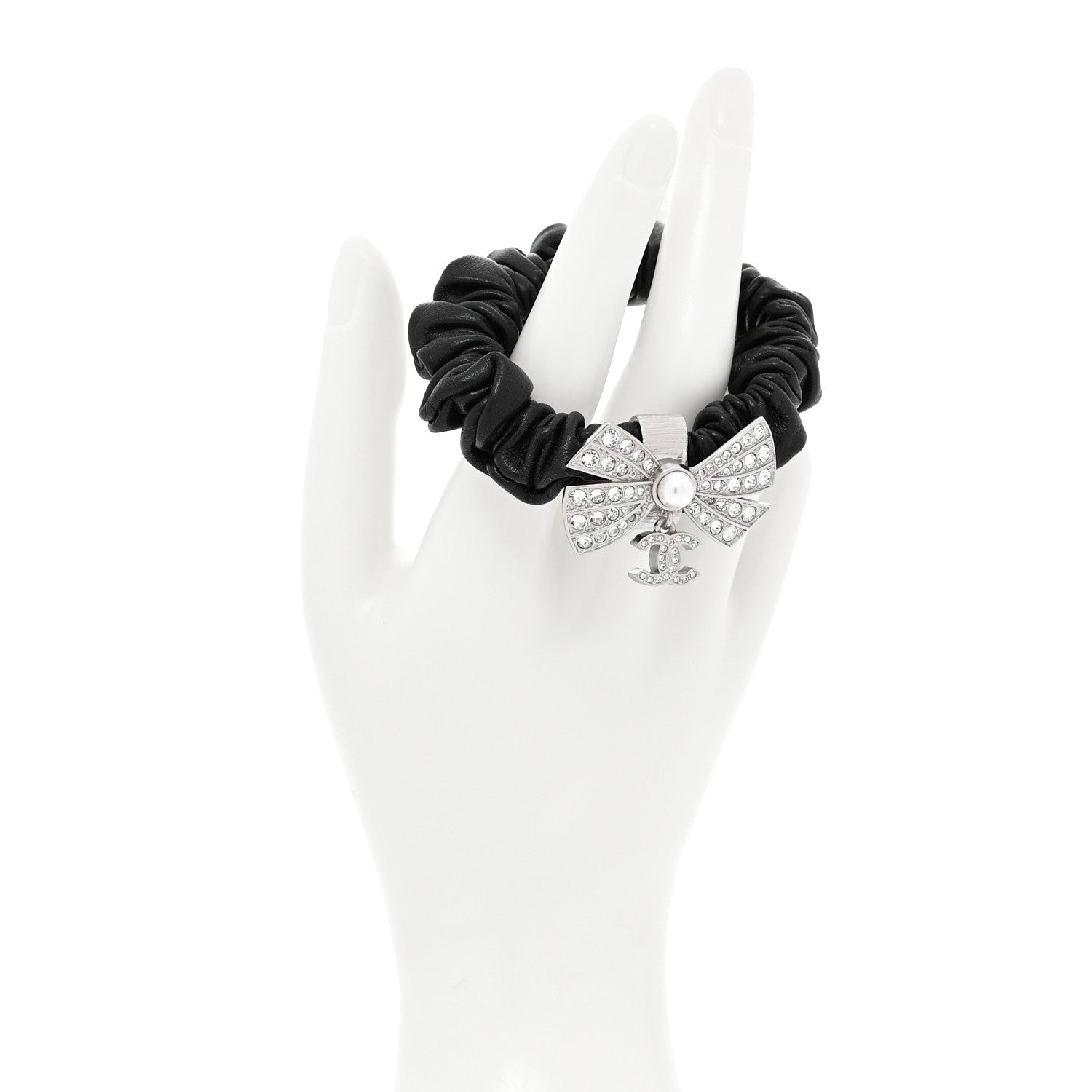 Chanel Lambskin Crystal Pearl CC Hair Scrunchie Black SIlver 2 of 5