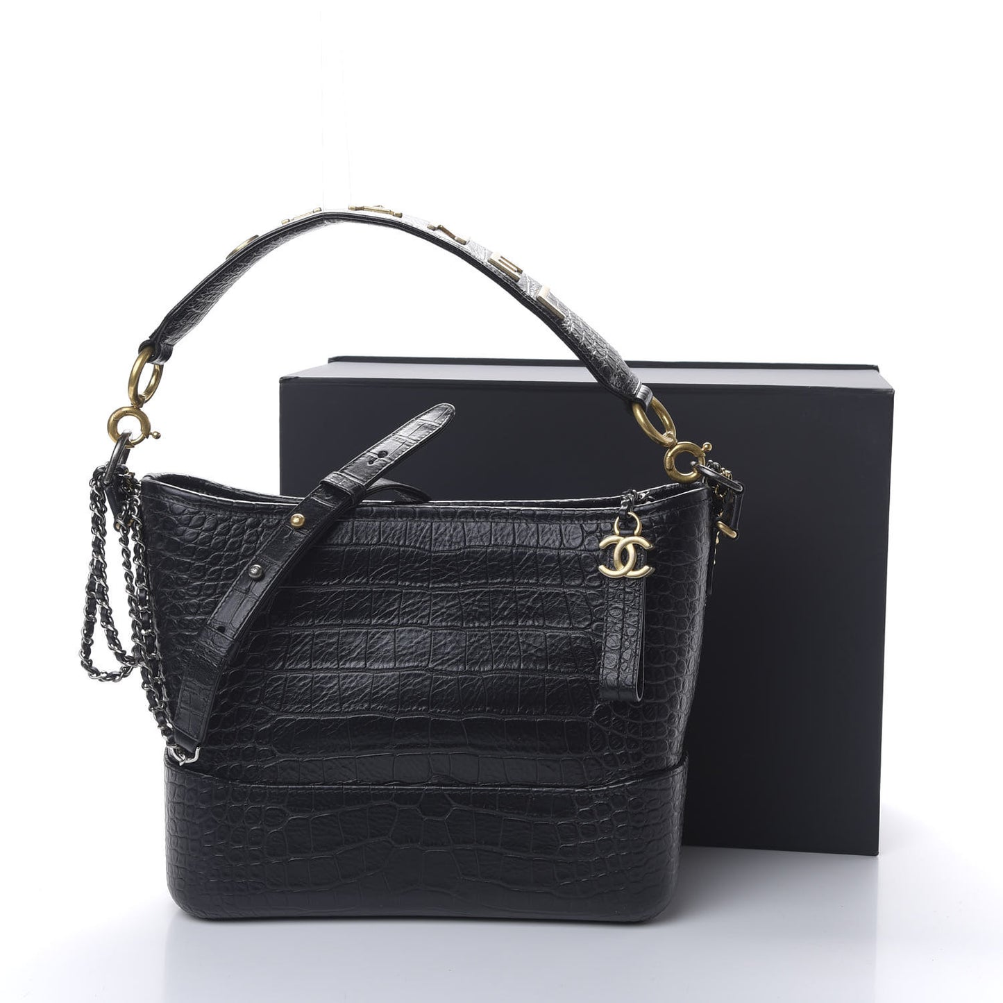 Crocodile Embossed Calfskin Medium Gabrielle Cocodile Hobo Black