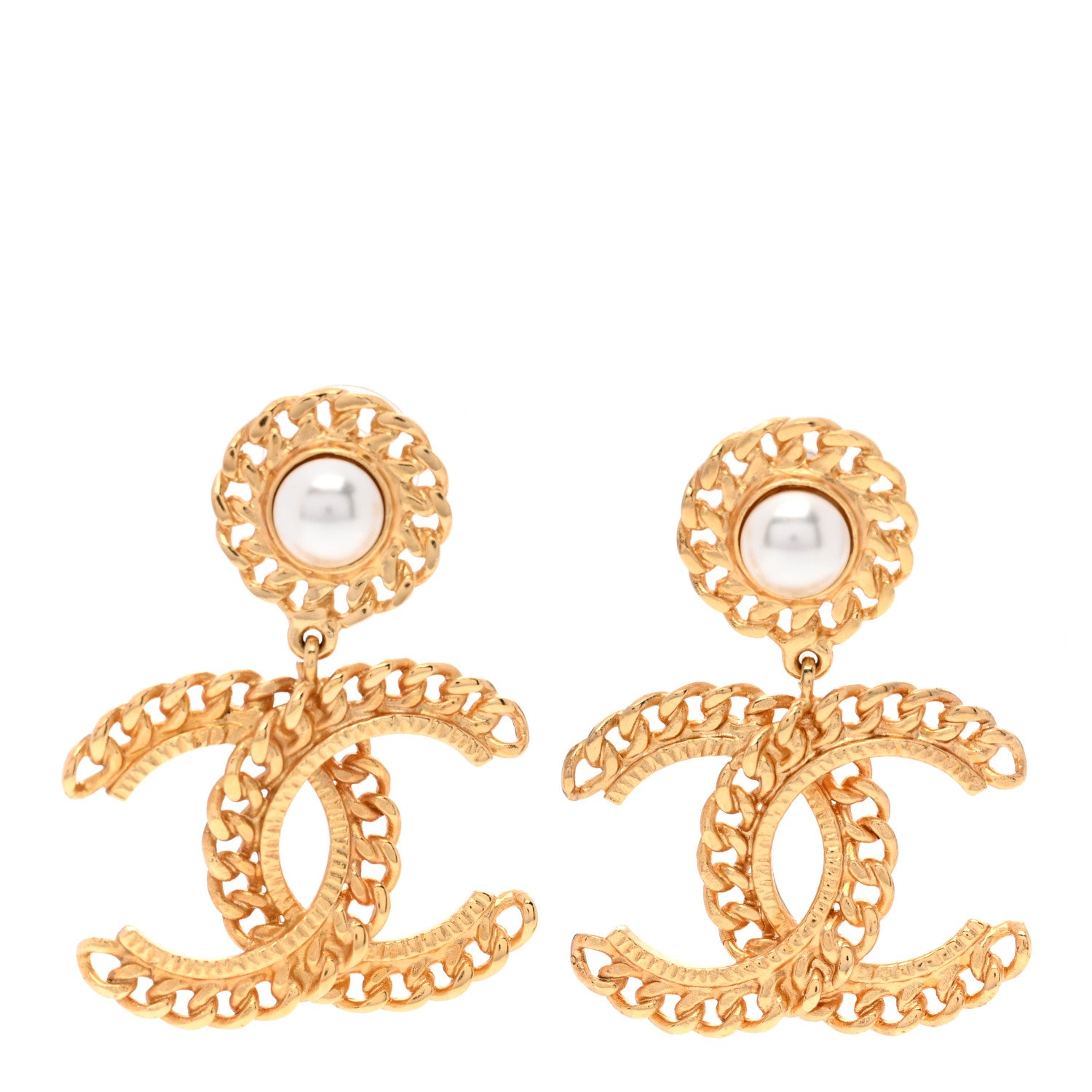 Chanel Metal Pearl CC Chain Drop Earrings Gold 1 of 4