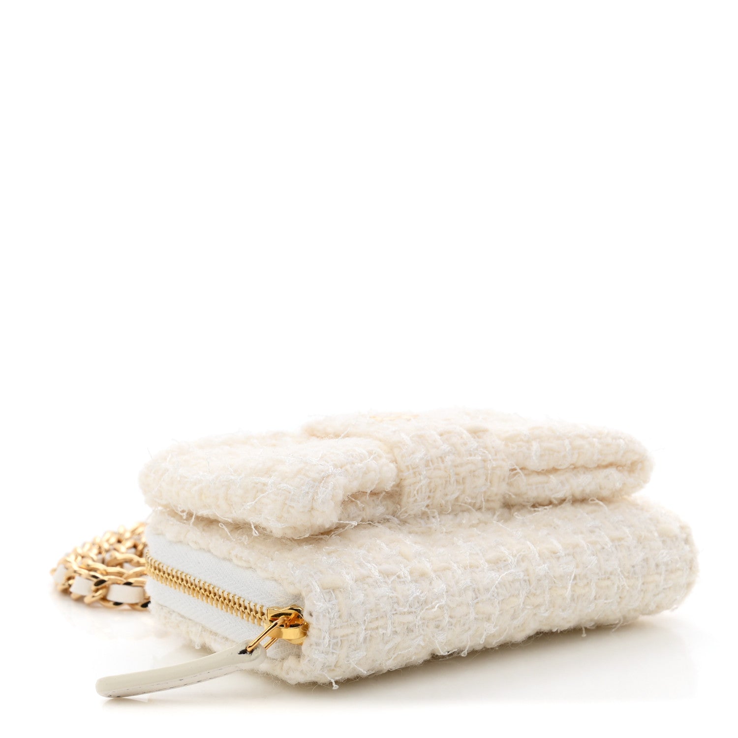Chanel Tweed Quilted Bow Flap Card Holder On Chain White 4 of 10