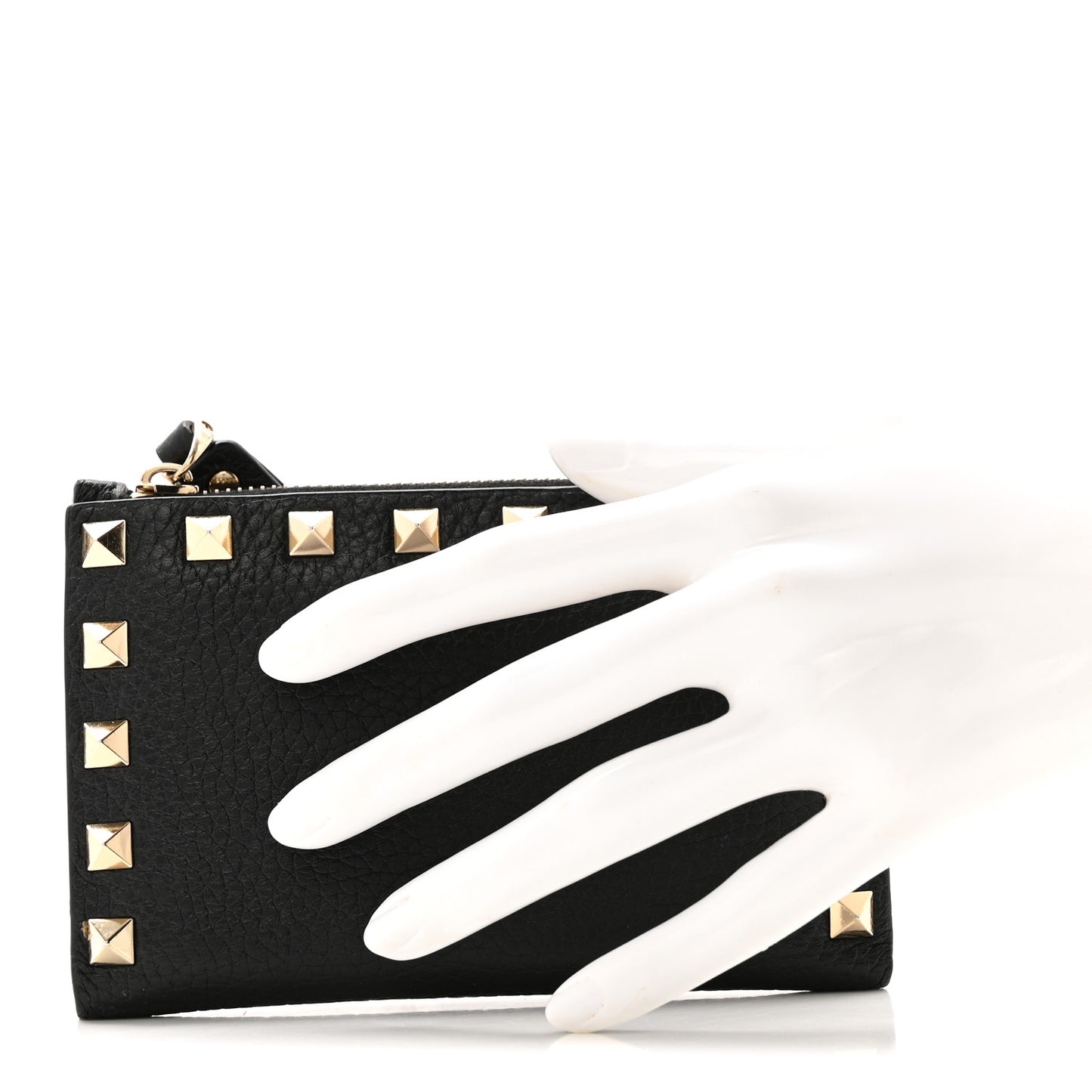 Pebbled Calfskin Rockstud Coin Case Card Holder Black