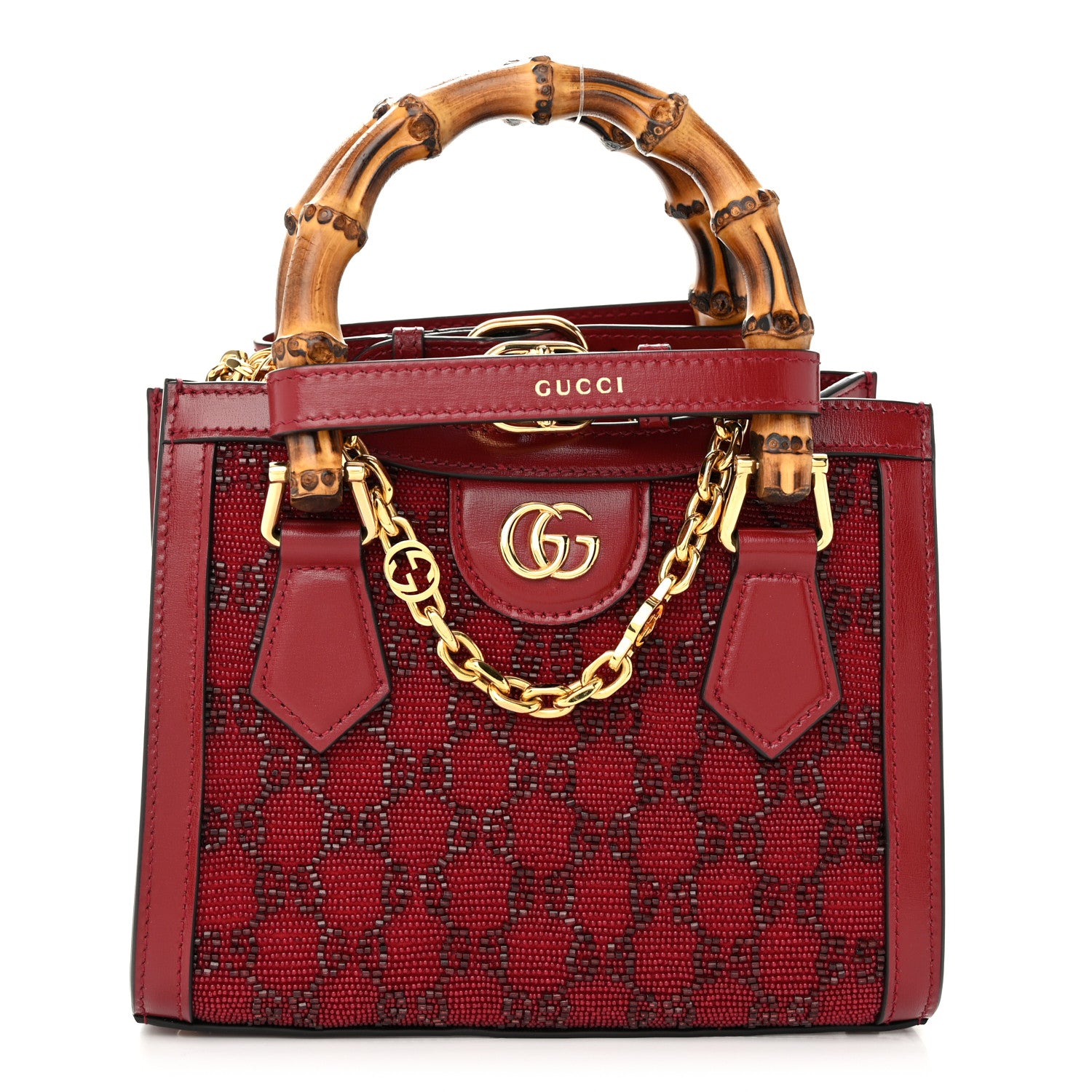 Gucci New Canvas Charisma Calfskin Crystal GG Monogram Mini Diana Tote Bag New Cherry Red 1 of 10