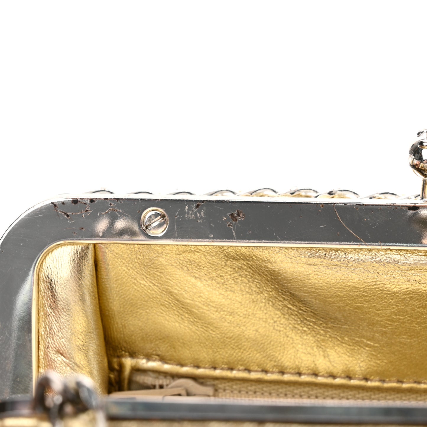 Metallic Lambskin Quilted Chain Around Kiss Lock Evening Clutch Gold