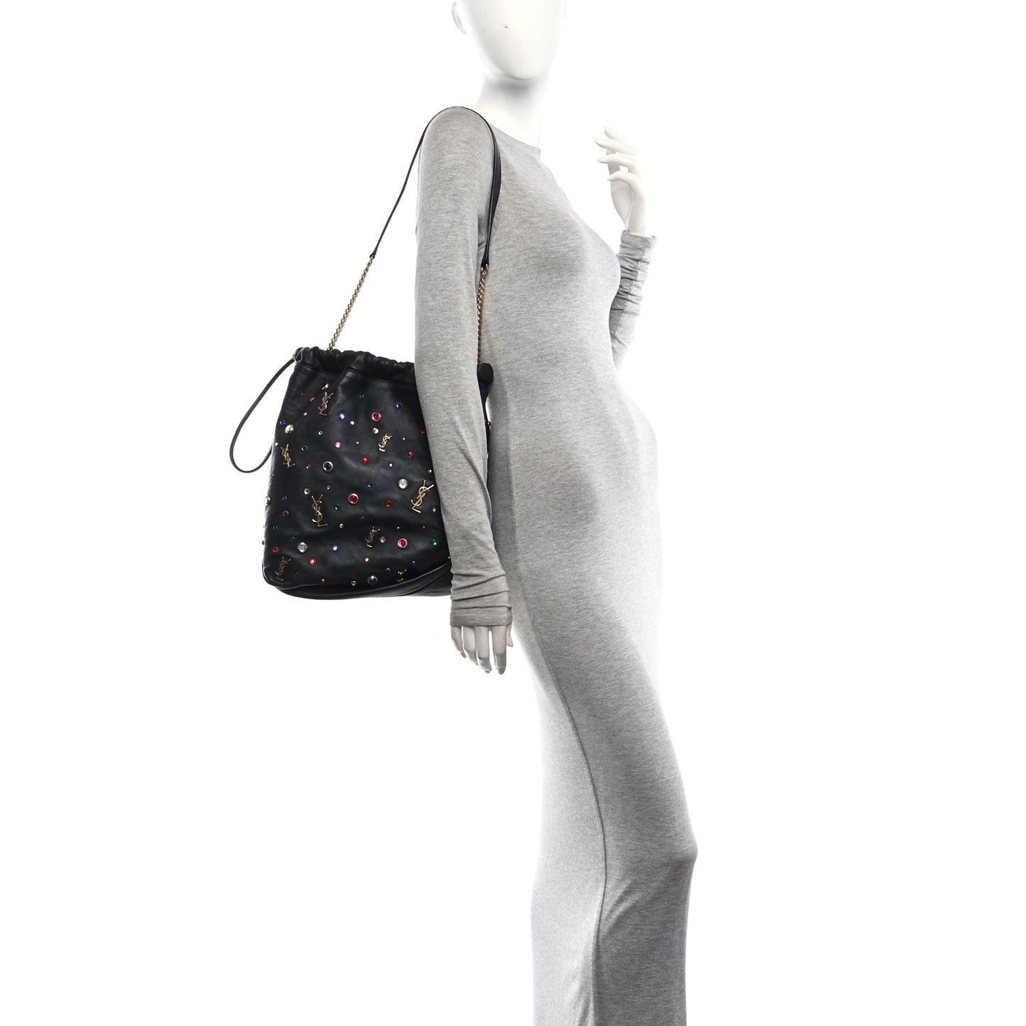 Lambskin Charm Studded Teddy Drawstring Bag Black
