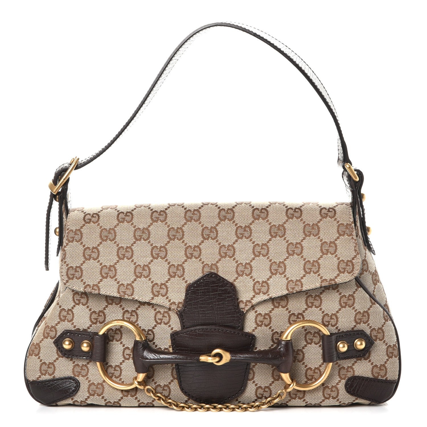Gucci Monogram Horsebit Chain Flap Shoulder Bag Brown 1 of 7
