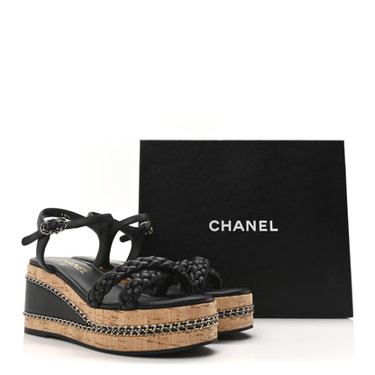 Chanel Lambskin Espadrille Braided Platform Sandals 38.5 Black 9 of 10