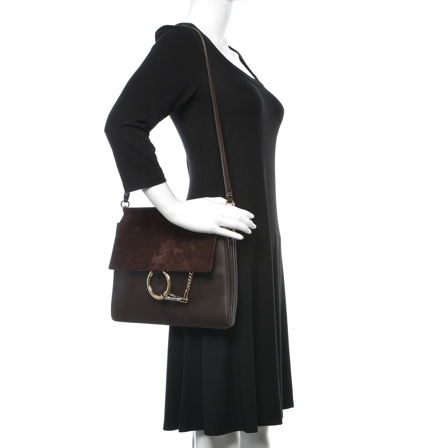Calfskin Suede Medium Faye Shoulder Bag Carbon Brown