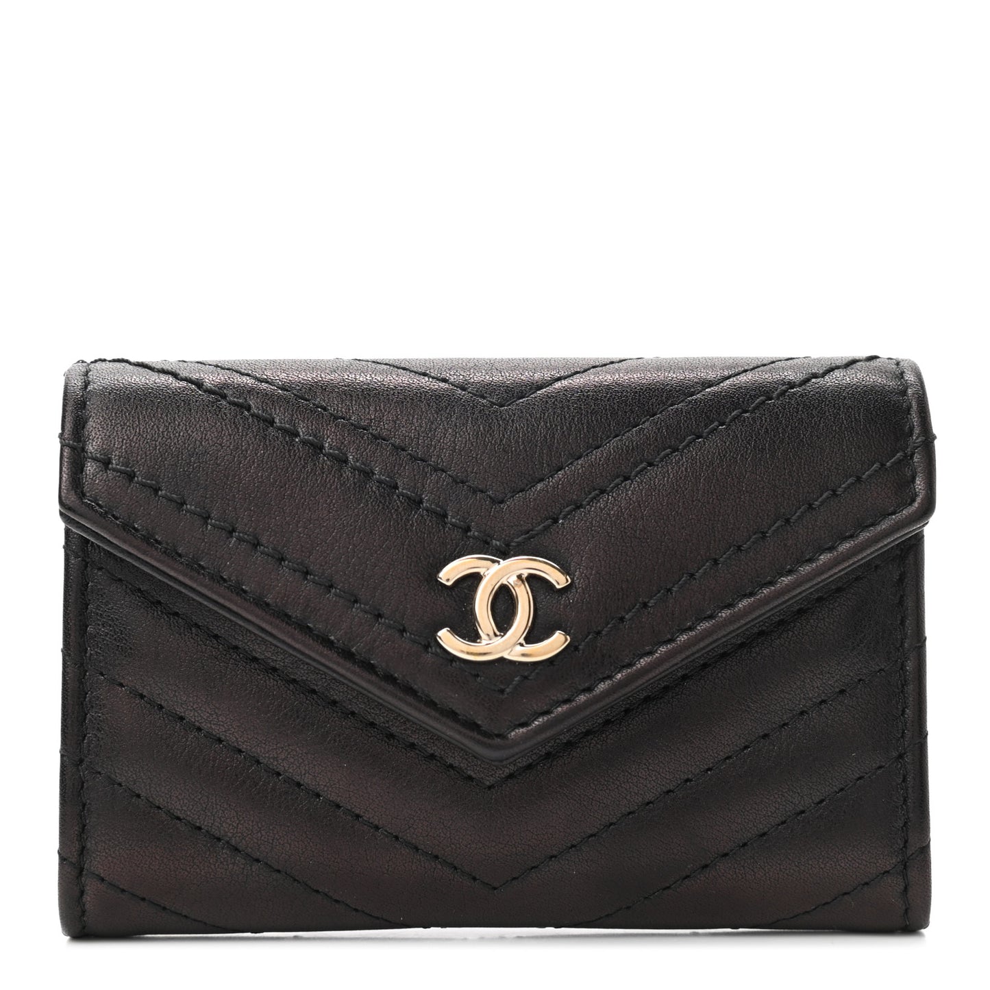 Calfskin Chevron Quilted Compact Flap Wallet Black