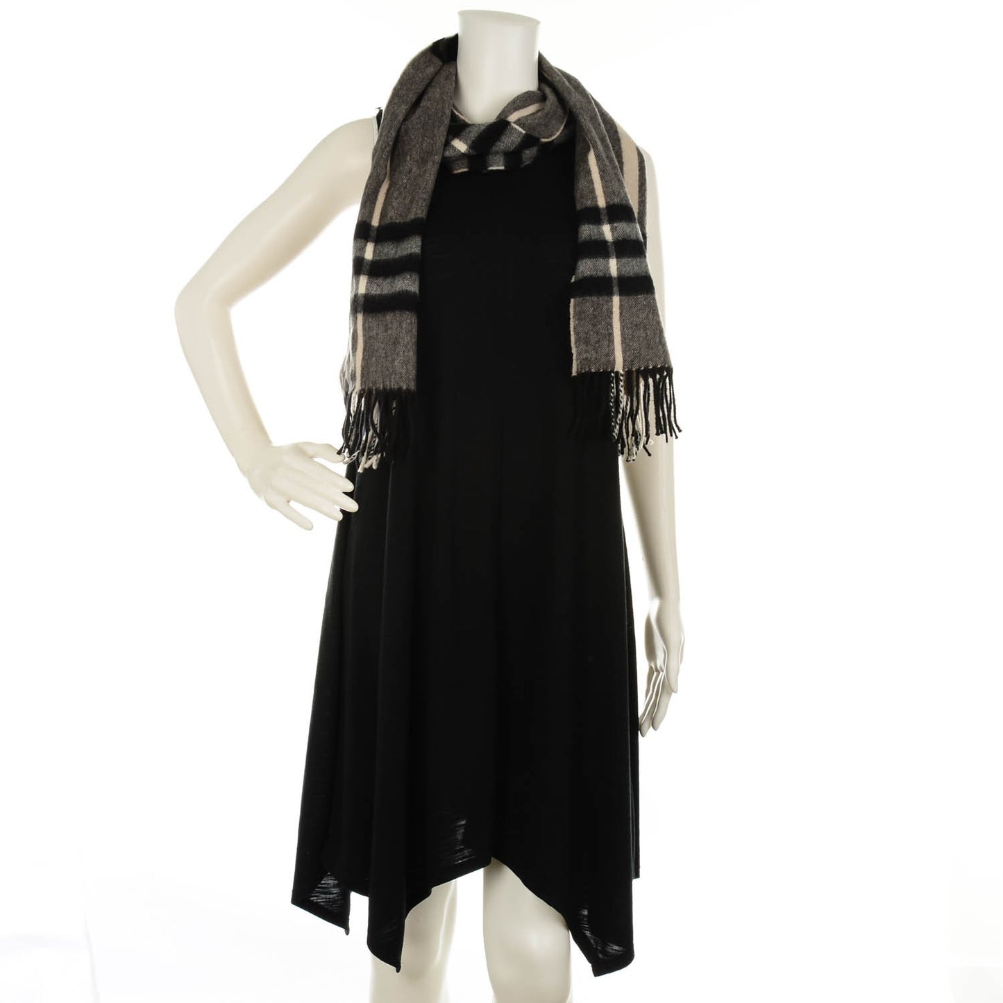 Cashmere Classic Check Fringe Scarf Mid Grey