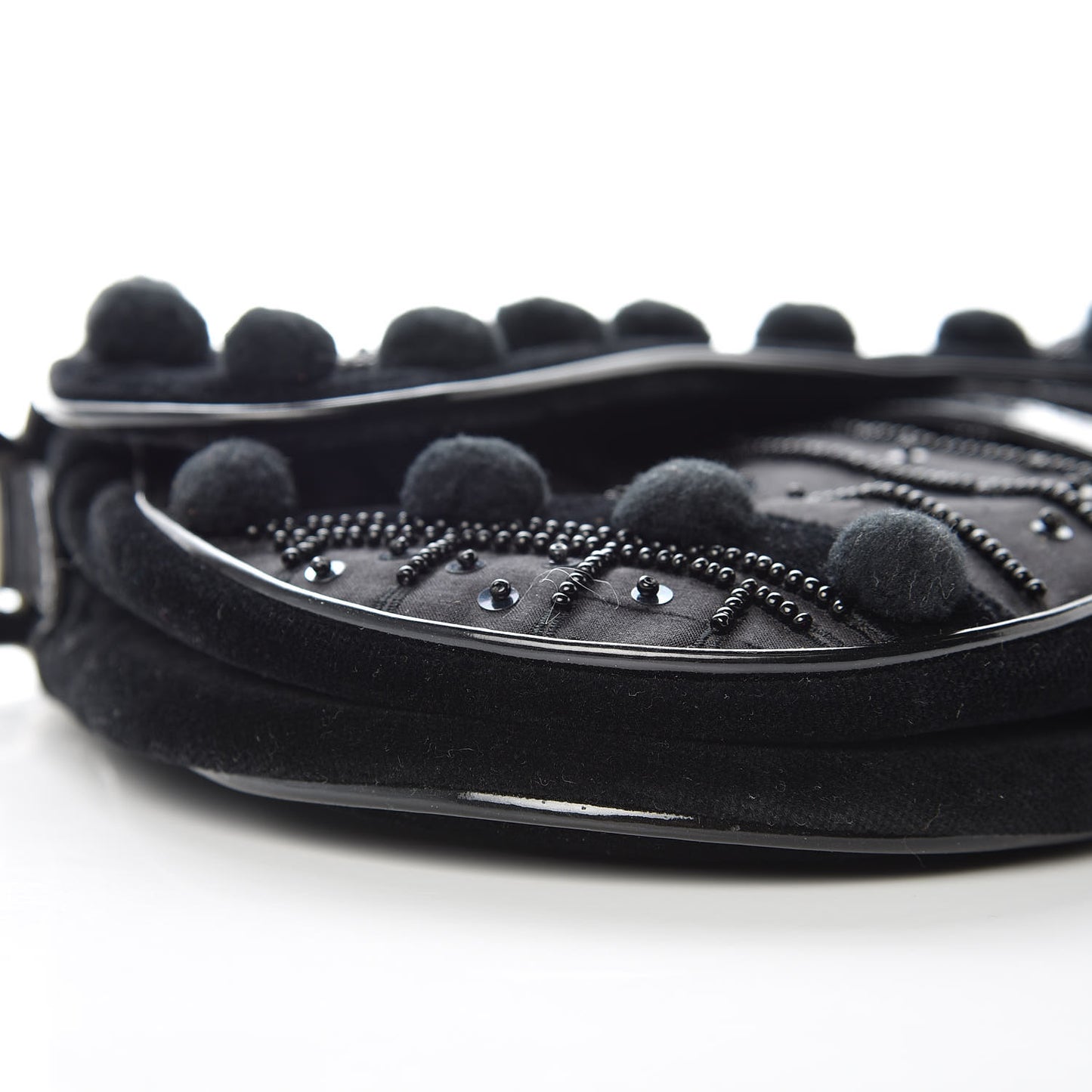 Velvet Nylon Pom Pom Saddle Bag Black